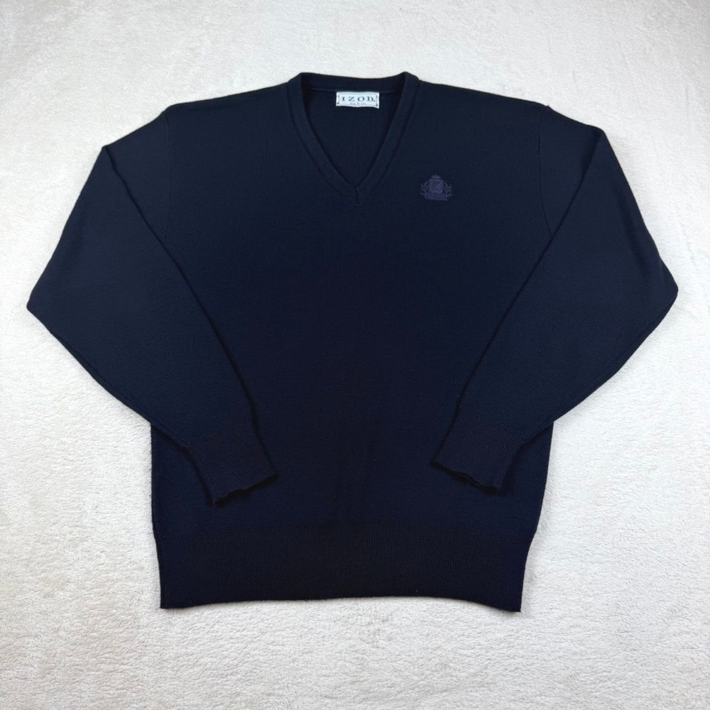 IZOD Mens Navy Blue V-Neck Sweater Crest Logo Long Sleeve Knit Made in USA Large